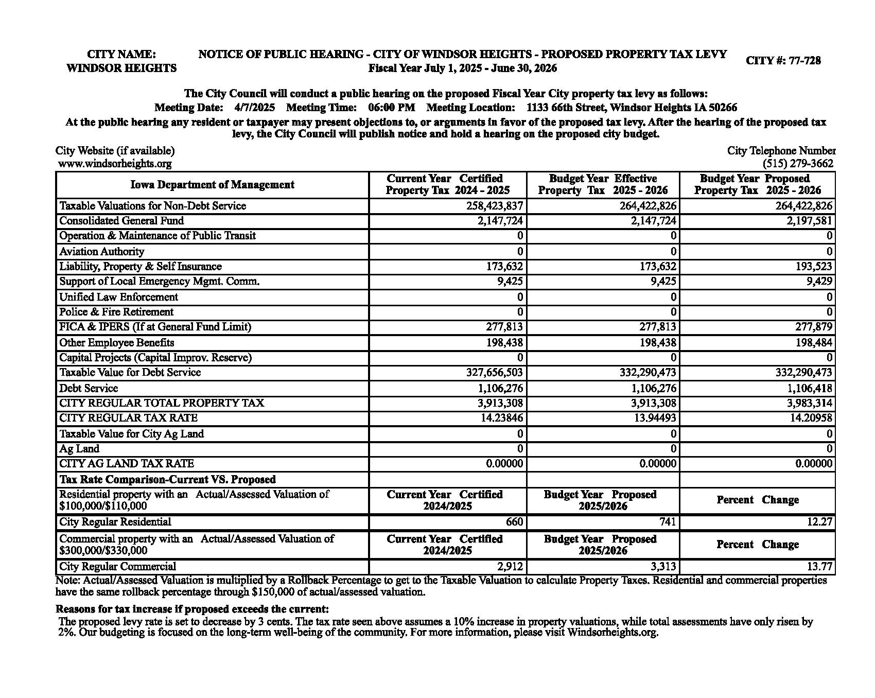 FY26 Tax Rate Levy Public Hearing Notice