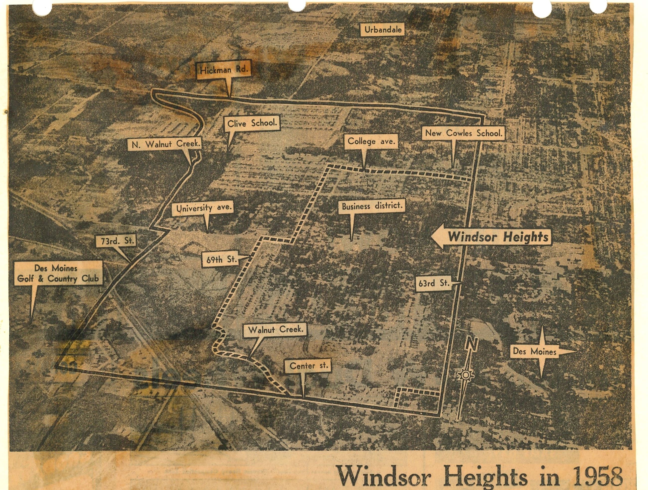 Historic aerial map of Windsor Heights showing labeled streets, schools, and city limits in 1958.