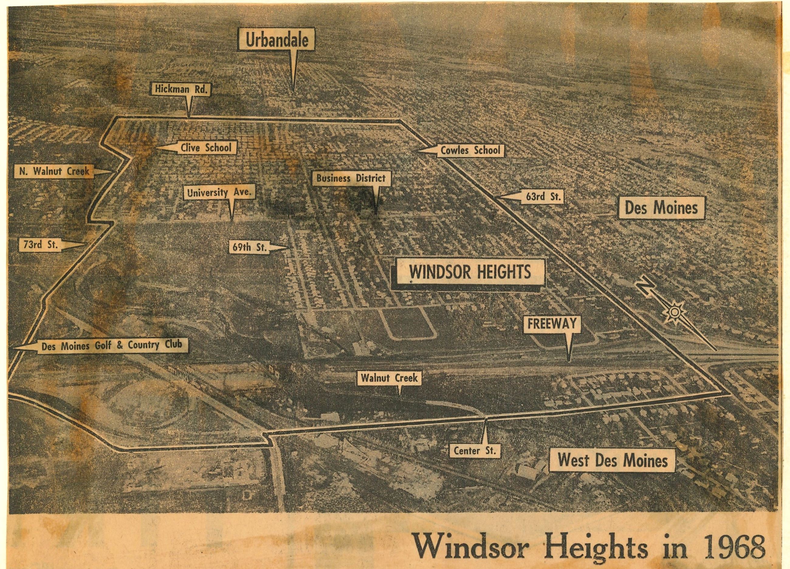 Historic aerial map of Windsor Heights showing streets, schools, freeway, and nearby cities in 1968.
